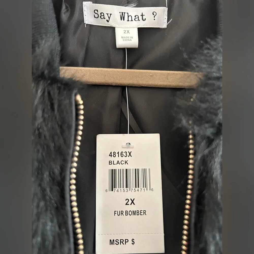 Say What? Fur Bomber Jacket, 2X, black - Picture 3 of 4
